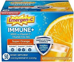 Emergen-C Immune+ 1000mg 维生素 C 粉膳食补充剂，含有维生素 D、锌、抗氧化剂和电解质以提高抵抗能力、抵抗能力支持、橙味 - 50 粒