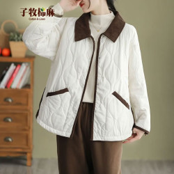 子牧棉麻2023冬装女韩版百搭棉衣加厚上衣韩版宽松拼色翻领外套1620米
