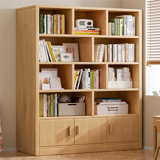 锦需 1米8实木书架落地置物架多层柜子储物柜收纳家用书柜 十格双抽原木纹色
