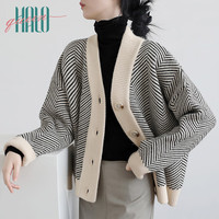 Halo Queen毛衣外套女针织开衫女条纹宽松上衣女H121Z115 米白色 均码 