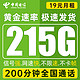 中国电信 瑞锦卡 19元月租（215G全国流量+200分钟通话）流量长期可续+值友送20红包