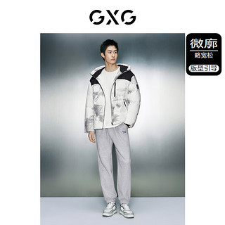 GXG 男装 抽象图案连帽保暖羽绒服男撞色拼接短款羽绒外套23冬 白色 175/L