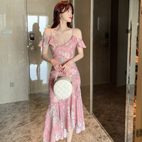 欧洲站桔梗雪纺碎花吊带连衣裙女夏2023修身粉色甜美初恋长裙