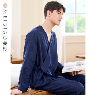 美标 MEIBIAO商场同款长袖重磅真丝睡衣套装男士春秋新桑蚕丝中国风丝绸家居服 夜海蓝 M(165/88A)