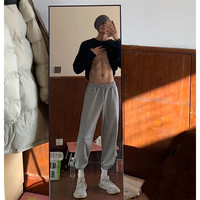 体育生穿搭灰色卫裤男春秋松紧腰美式篮球裤子束脚扎袜运动九分裤