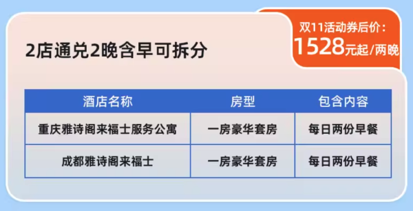 两湖/川渝/西安5地13店,最低329元起!雅诗阁集团2晚通兑含双早套餐