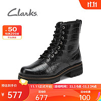 Clarks 其乐 女鞋秋冬时尚潮流复古高帮鳄鱼纹马丁靴齿轮鞋 黑色鳄鱼纹