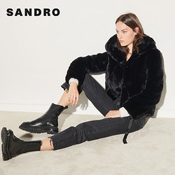 Sandro Outlet女装法式简约温暖黑色连帽毛绒外套上衣SFPOU00225