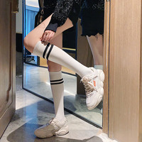 日系压力小腿袜子女中筒纯棉夏季薄款黑白双杠条纹简约外穿ins潮