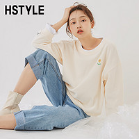 HSTYLE 韩都衣舍 2023秋新款刺绣卫衣女装宽松小个子ins假两件上衣DX03001