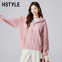 HSTYLE 韩都衣舍 仿羊羔绒外套2023秋冬新款女连帽慵懒休闲上衣DX03008