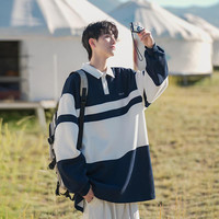 日系潮牌POLO衫卫衣男春秋季复古撞色条纹长袖外套学院风重磅上衣