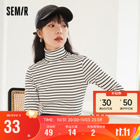 Semir森马长袖T恤女修身基础条纹打底衫高领针织衫复古风109722101007黑白色调XL