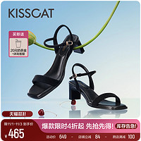 KISSCAT 接吻猫 2023夏季新款舒适简约高跟鞋舒适羊绒方头粗跟一字带凉鞋女