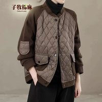 子牧棉麻 2023冬装 女韩版夹棉复古菱格拼接百搭宽松休闲薄款外套棉衣 咖色