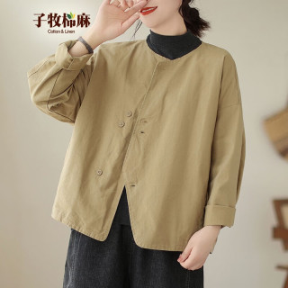 子牧棉麻装 女文艺百搭外套宽松显瘦上衣长袖纯色外搭开衫3068 卡其色 XL(125-140斤)