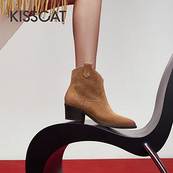KISSCAT 接吻猫 女靴2023新款牛仔西部靴美拉德简约高跟时装短靴KA43716-12 深棕铜色 37