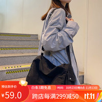 BULANNU 布兰奴 牛仔布斜挎包女日系原宿大容量复古邮差包简约潮流百搭单肩包 黑色