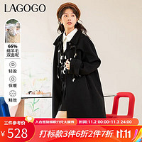 La·go·go 拉谷谷 Lagogo拉谷谷2022年冬季新款双面呢子中长款黑色羊毛大衣女外套加厚学院风LCDD23YG39 黑色(W1) 165/L/40