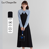 La Chapelle 复古学院风假两件连衣裙翻领2023秋季新款收腰显瘦A字裙