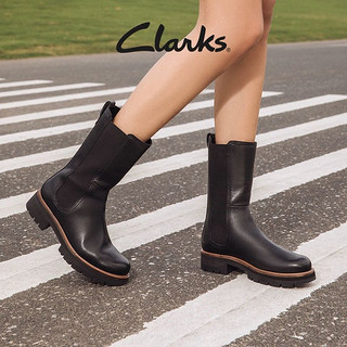 Clarks 其乐 女鞋秋冬复古潮流烟筒靴厚底增高瘦瘦靴牛皮马丁靴女