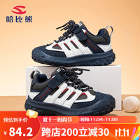 哈比熊(HOBIBEAR)童鞋秋冬季男童革面运动鞋女童百搭休闲儿童鞋JD58G81深蓝/白35码