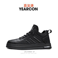 YEARCON 意尔康 男鞋高帮气垫皮面板鞋2023春季新款防滑耐磨黑色休闲小皮鞋