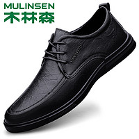 MULINSEN 木林森 皮鞋男款真皮商务休闲鞋秋冬季加绒保暖系带软底软面爸爸鞋