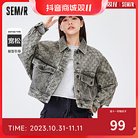 Semir 森马 女牛仔外套蝙蝠袖插肩袖宽松夹克翻领做旧复古上衣短款牛仔衣