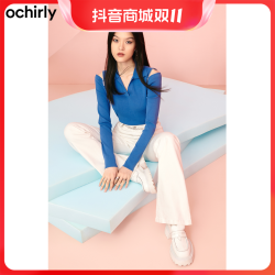 ochirly 欧时力 秋装新款针织衫polo领上衣露肩拉链设计感长袖女