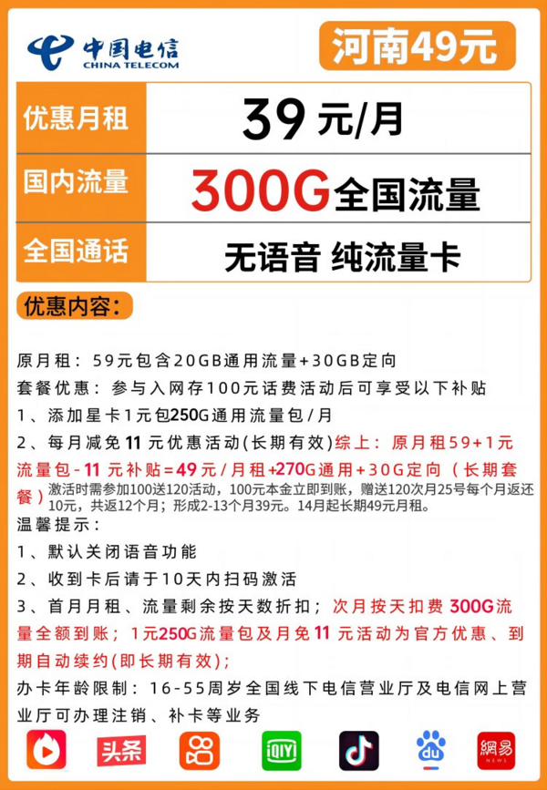CHINA TELECOM 中国电信 河南49星卡 39元月租 （270G通用流量+30G定向流量+关闭语音+流量结转）第二年月租49