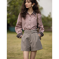 条纹长袖衬衫女秋季韩版显瘦撞色设计感小个子上衣