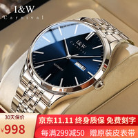 I&W CARNIVAL HWGUOJI瑞士手表男机械表机芯全自动男士手表防水双日历品牌男表十大 银蓝钢带(机芯/刻字)