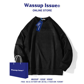 WASSUP ISSUE重磅麂皮绒卫衣男士春秋季潮牌大码美式圆领上衣男款