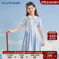 E·LAND KIDS 童装2023年春夏女童复古甜美翻领百褶连衣裙 LBlue浅蓝色51 150cm