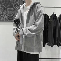 嘉晔男卫衣连帽卫衣男士秋冬季宽松美式上衣青少年男生拉链开衫外套 纯灰外套 M