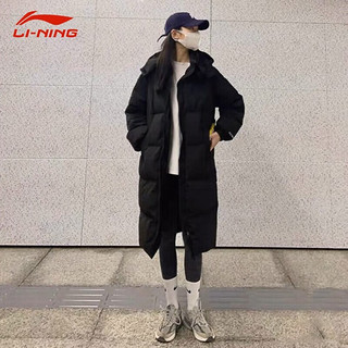 LI-NING 李宁 羽绒服女冬季加厚保暖连帽过膝长款东北户外运动大衣女外套 标准黑连帽可拆卸 M 170/88A