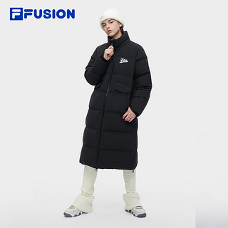 FILA FUSION斐乐潮牌长款羽绒服女时尚休闲连帽外套 正黑色-BK 160/80A/S