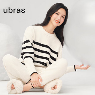 ubras【双十一会员内购】慕斯绒条纹家居服套装 小翻领-白色 S