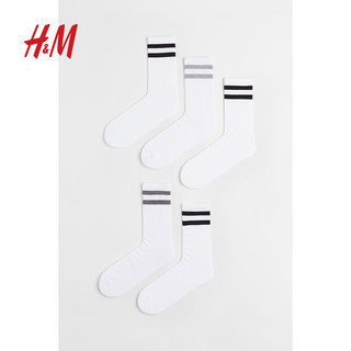H&M男士袜子秋季舒适双杠两条杠运动棒球袜短袜5双装0647207 白色/灰色 25-26