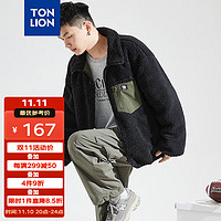 TONLION 唐狮 棉衣男羊羔绒男士棉服拼接口袋短款上衣 黑色 XL