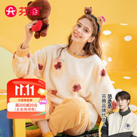 芬腾睡衣女冬珊瑚绒加厚圆领长毛绒长袖布朗熊IP家居服套装睡衣 浅黄 XL