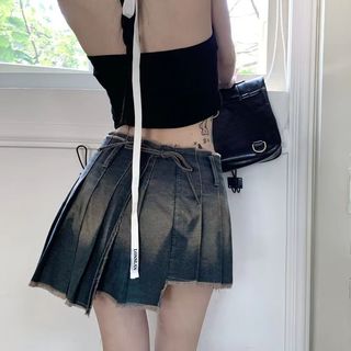 LANWEIFEILEI做旧小众辣妹低腰一片式牛仔短裙女秋冬半身裙 图片色 不 S 80-95斤