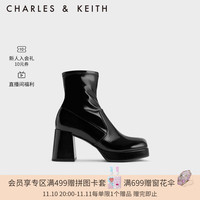 CHARLES & KEITH CHARLES&KEITH时尚方头粗高跟拉链短靴女CK1-90580177 Black Patent黑色 35