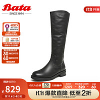 Bata 拔佳 及膝时装靴女2023冬商场牛皮粗跟骑士显瘦长筒靴AXS80DG3 黑色-单里 37