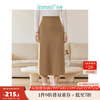 茵曼（INMAN）开衩针织半身裙女装高腰修身直筒包臀裙子 驼色 M