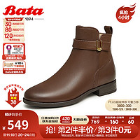 Bata 拔佳 时装靴女商场粗跟百搭牛皮通勤软底短筒靴AWG07CD3 深棕-单里 39