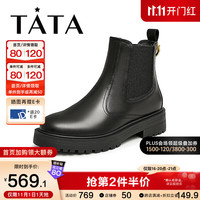 他她(TATA)2023冬商场同款时尚百搭牛皮厚底切尔西靴7FNC5DD3 黑色(单里) 36