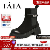 TATA 他她 英伦厚底切尔西靴女加绒弹力短靴烟筒靴2023冬商场同款W3M01DZ3 黑色(单里) 38