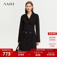 AMII2023冬直筒中长翻驳领配腰封双排扣全羊毛手工双面呢女 黑色 155/80A/S